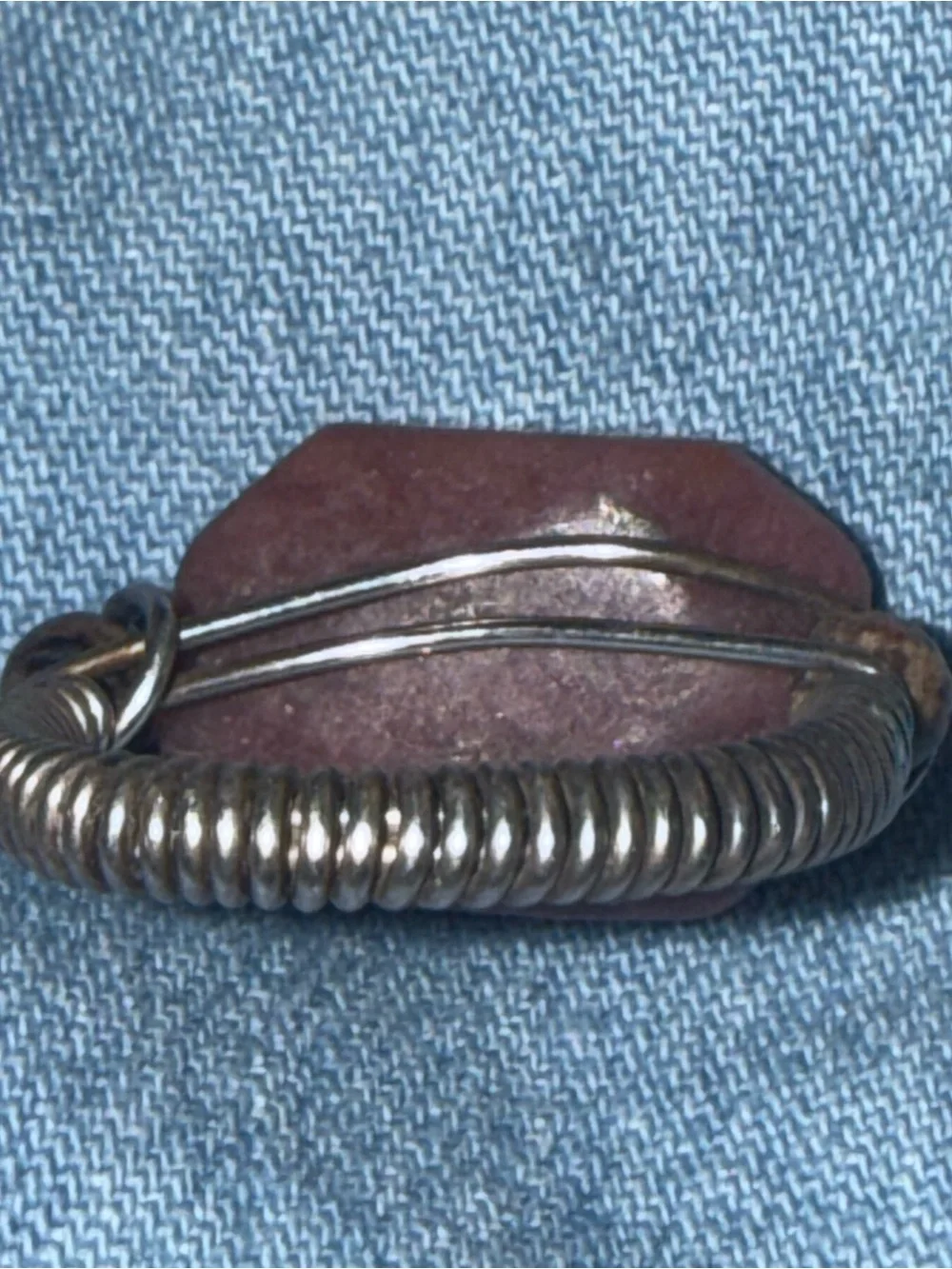Vintage Artisan Sterling Silver Wire-Wrapped Ring w Natural Pink Rhodonite Stone